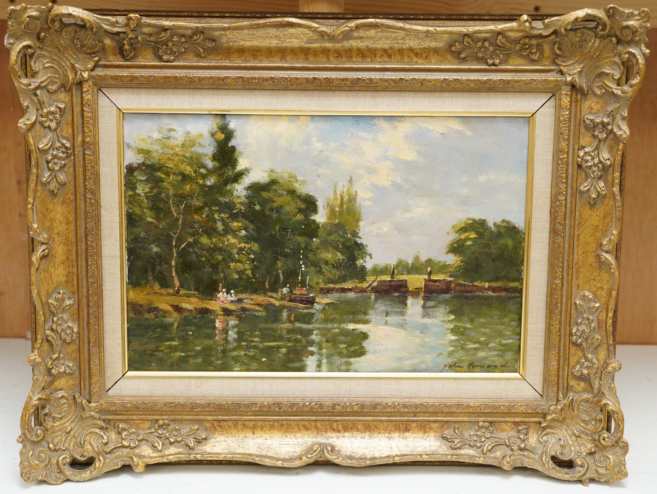 John Horwood (b.1934), Impressionist oil on canvas, River landscape with figures, signed, 24 x 28cm, ornate gilt framed. Condition - good